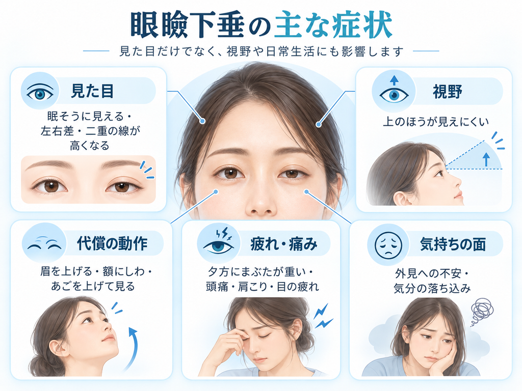 眼瞼下垂の主な症状|見た目・視野・代償動作・疲れや痛み・気持ちへの影響を示した図