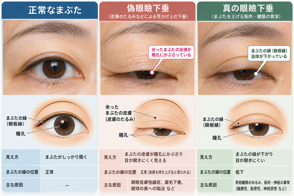 偽眼瞼下垂と眼瞼下垂の違いを示す比較図。偽眼瞼下垂では余ったまぶたの皮膚が瞳孔にかぶさって見え、眼瞼下垂ではまぶたの縁自体が下がる