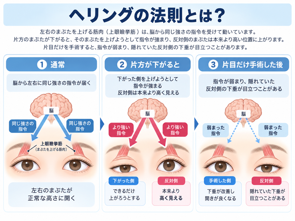 片側の眼瞼下垂でヘリングの法則により反対側のまぶたが高く見え、片眼手術後に隠れた眼瞼下垂が現れる仕組みを示した図