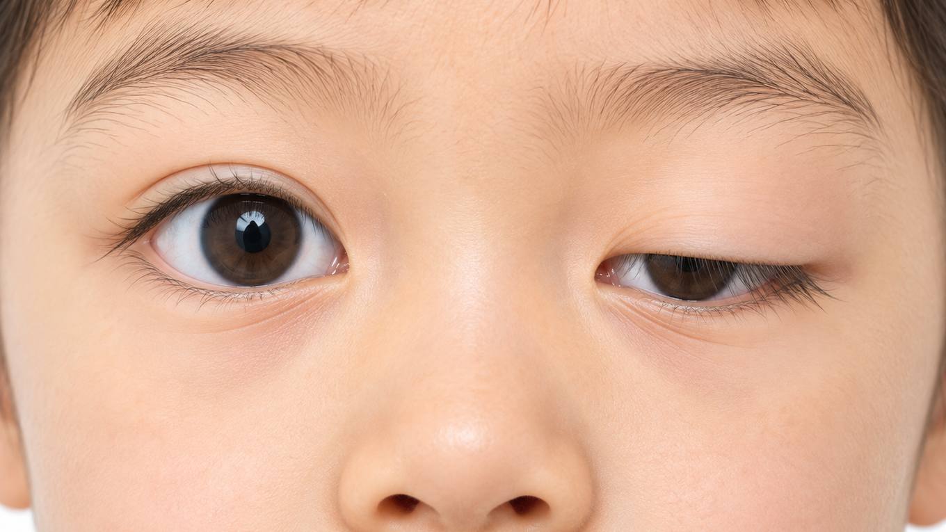 瞳孔を覆い視軸を遮る重度の先天性眼瞼下垂と弱視リスク