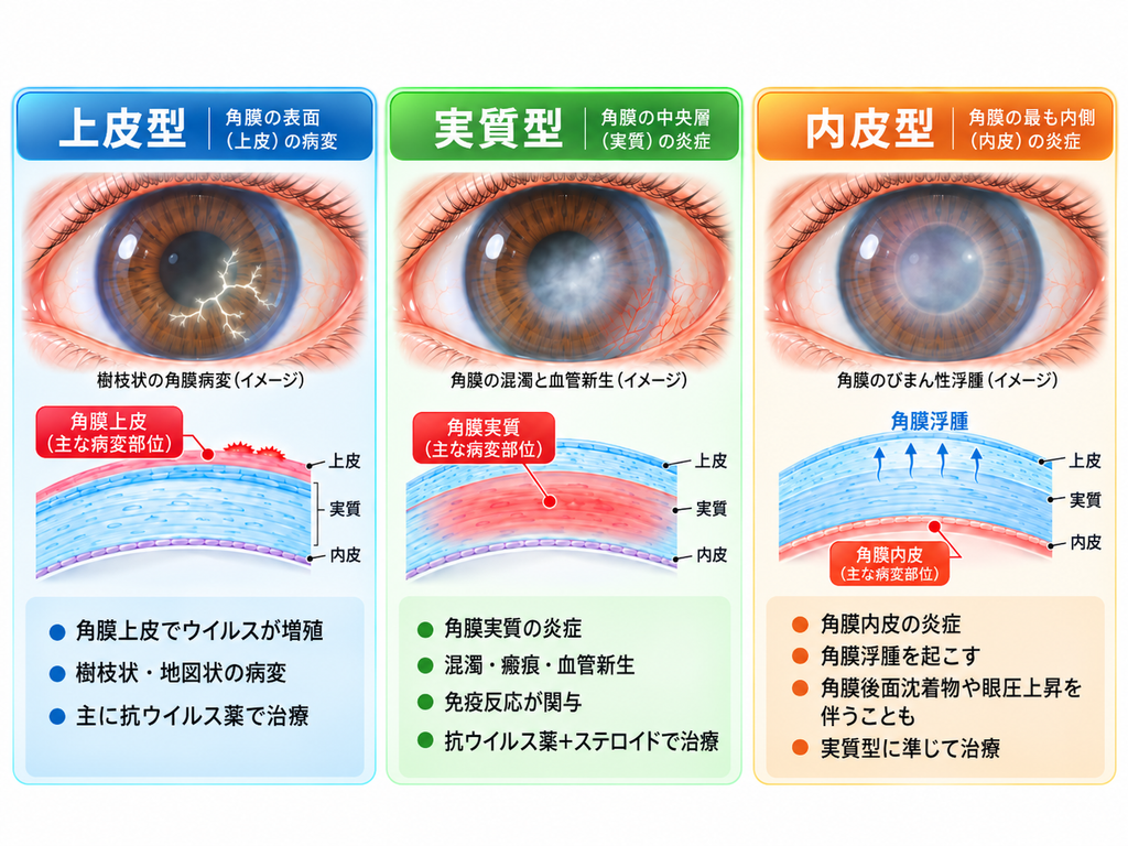 角膜ヘルペスの3つの病型(上皮型・実質型・内皮型)の違いを比較した図解