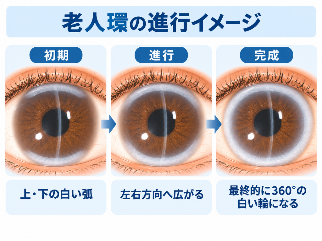 老人環の進行イメージ。初期は角膜の上方と下方に白い弧状混濁が現れ、徐々に左右へ広がり、最終的に360度の白い輪になる流れを示したイラスト