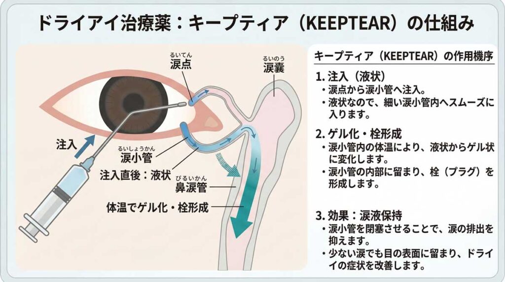 キープティアを涙点から注入し、涙小管内でゲル化して栓になる流れ（図解）