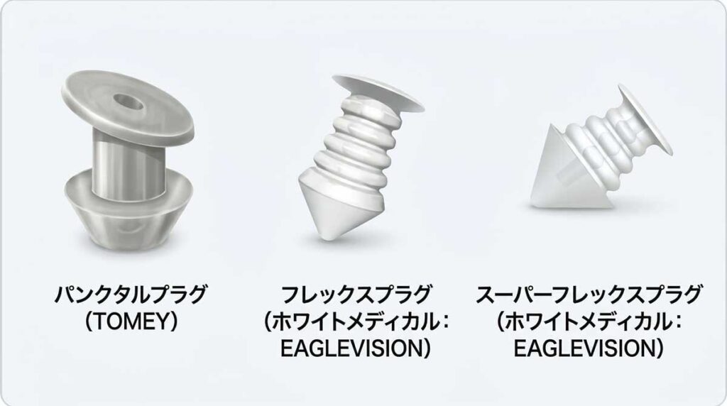 パンクタルプラグ、フレックスプラグ、スーパーフレックスプラグの外観（涙点プラグの例）