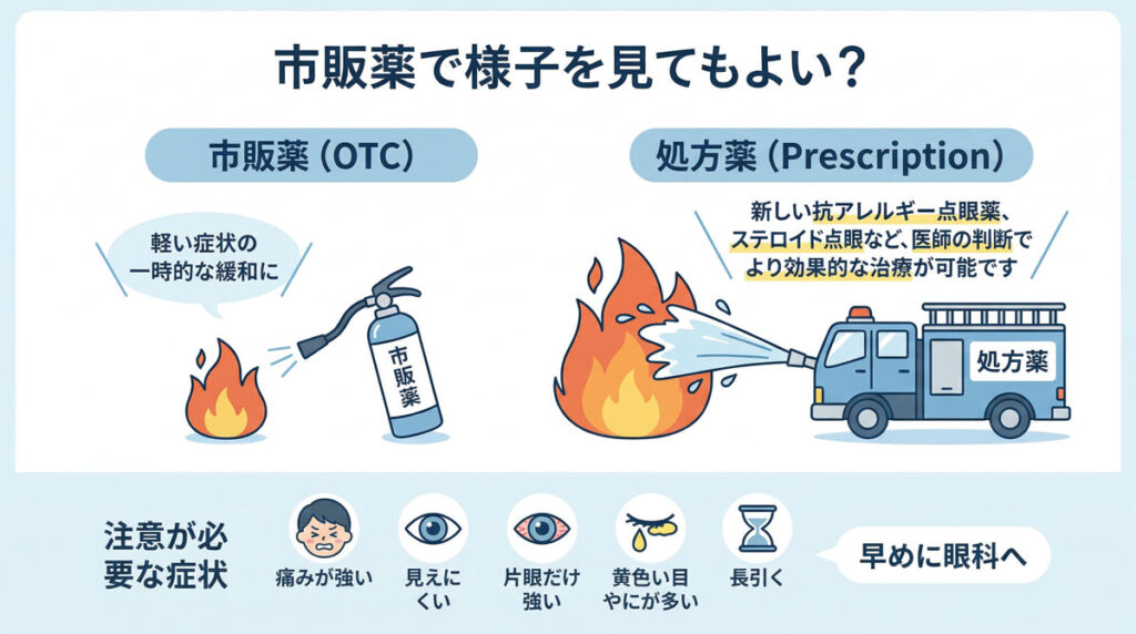 アレルギー性結膜炎における市販薬と処方薬の違いを、消火器と消防車でたとえた説明イラスト