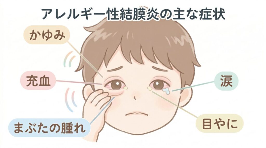 アレルギー性結膜炎の主な症状(かゆみ、充血、涙、目やに、まぶたの腫れ)を示したイラスト