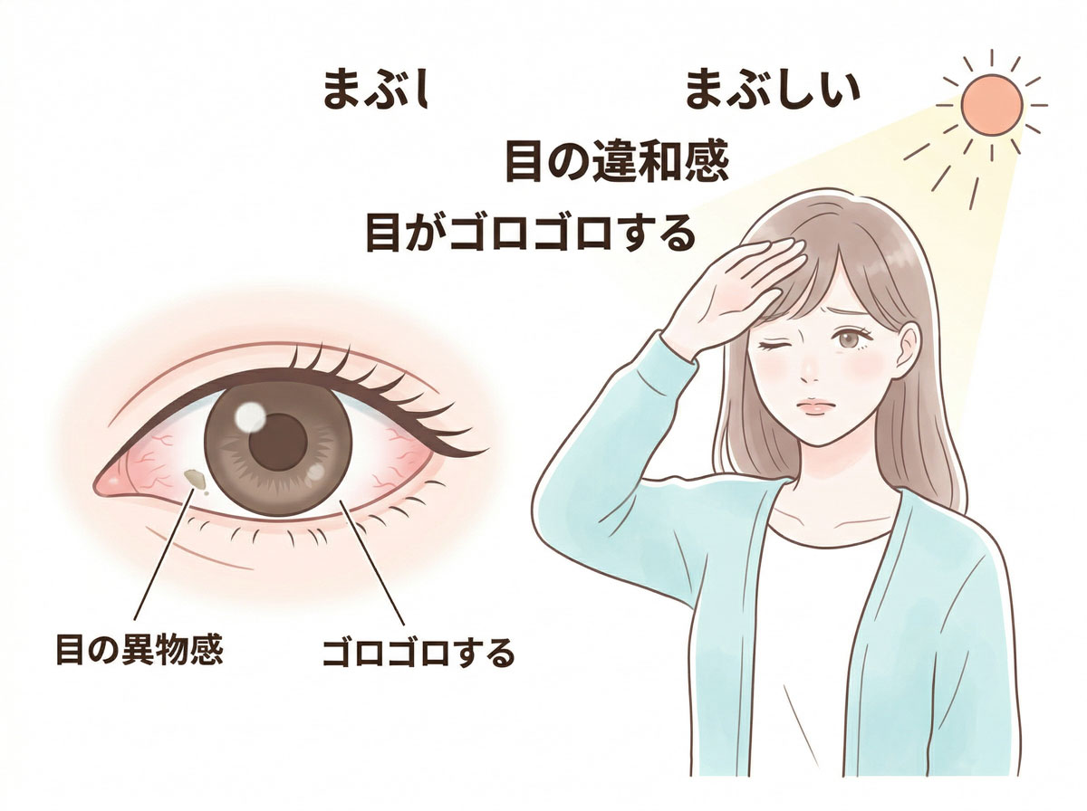 クラミジア結膜炎の自覚症状を示すイラスト。異物感、ゴロゴロ感、まぶしさ