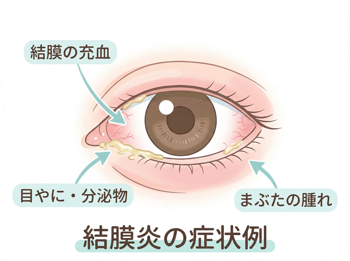 クラミジア結膜炎の見た目の症状を示すイラスト。白目の充血、目やに、まぶたの腫れ