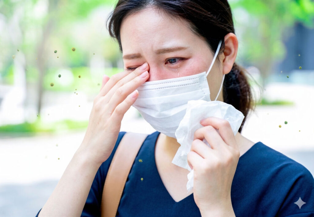 季節性アレルギー症状に悩み、辛そうに目を擦るマスク姿の女性。充血した目とティッシュを持つ手が辛さを強調している。