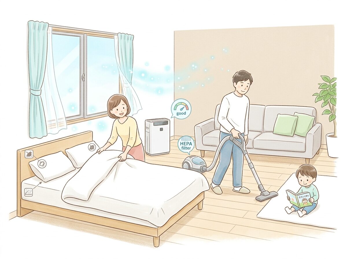 春季カタルで室内掃除や寝具のダニ対策を行う生活指導イラスト