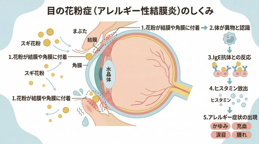 花粉が結膜や角膜に付着し、IgEを介したアレルギー反応によってヒスタミンが放出され、かゆみ・充血・涙・腫れが起こる仕組みを示したやさしい図解