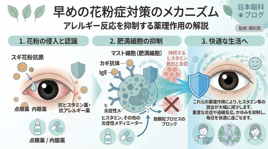 花粉症の初期療法がヒスタミン放出を抑えて症状悪化を防ぐ図