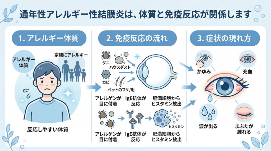 通年性アレルギー性結膜炎で、アレルギー体質や家族歴、IgE抗体と肥満細胞の反応によって、かゆみ・充血・涙目・まぶたの腫れが起こる流れを示した図解イラスト