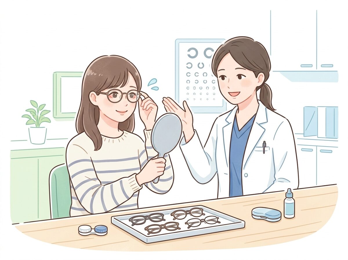 春季カタルの症状が強い時期はコンタクトレンズを無理に使わず眼鏡を選ぶ医療イラスト