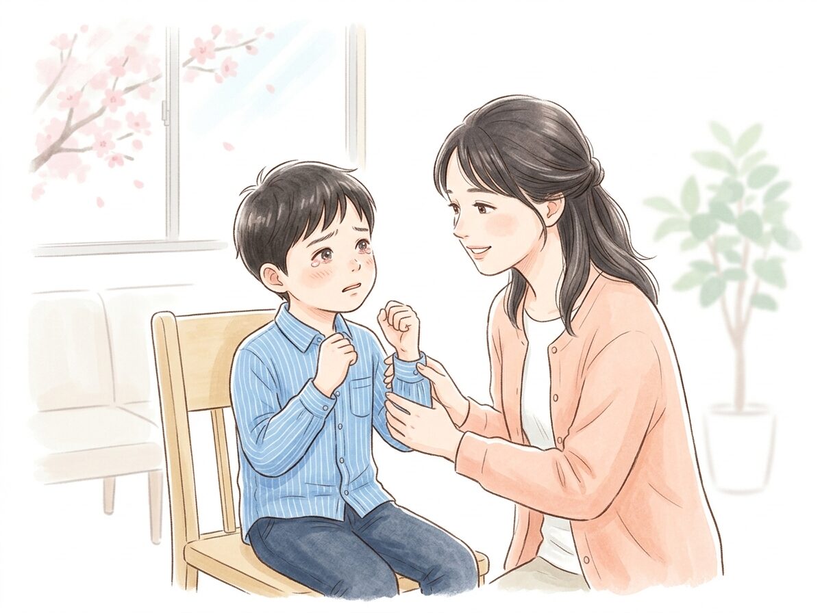 春季カタルで目をこすらないことの大切さを示す子どもの医療イラスト