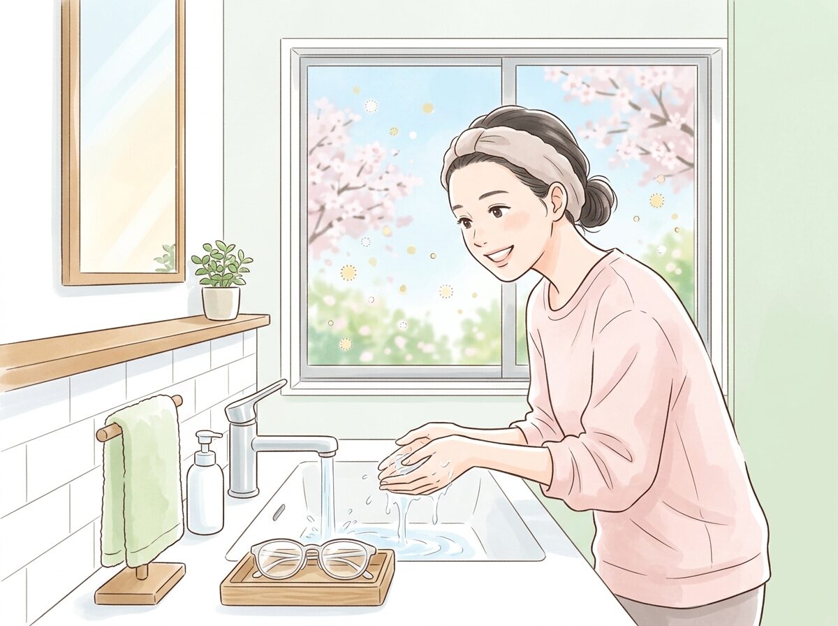 春季カタルの生活対策として洗顔やメガネ活用でアレルゲンを減らす医療イラスト