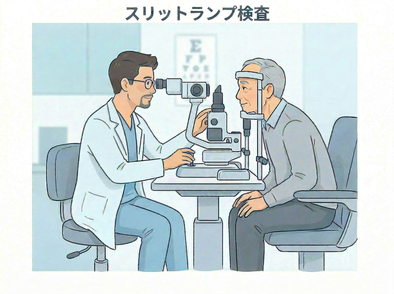 眼科医師が患者にスリットランプ検査を行っている様子を示した眼科ブログ用イラスト