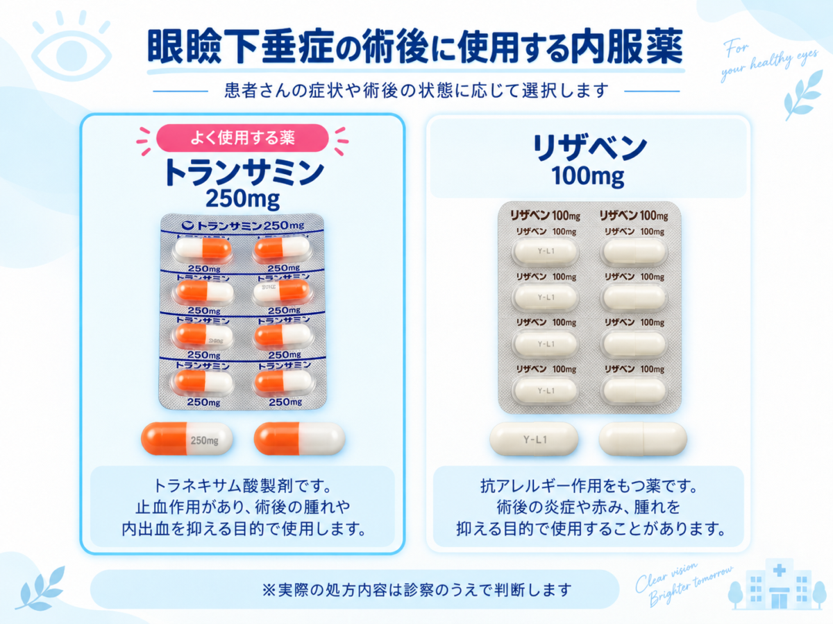眼瞼下垂症手術後の腫れや炎症などに応じて使用するトランサミンとリザベン