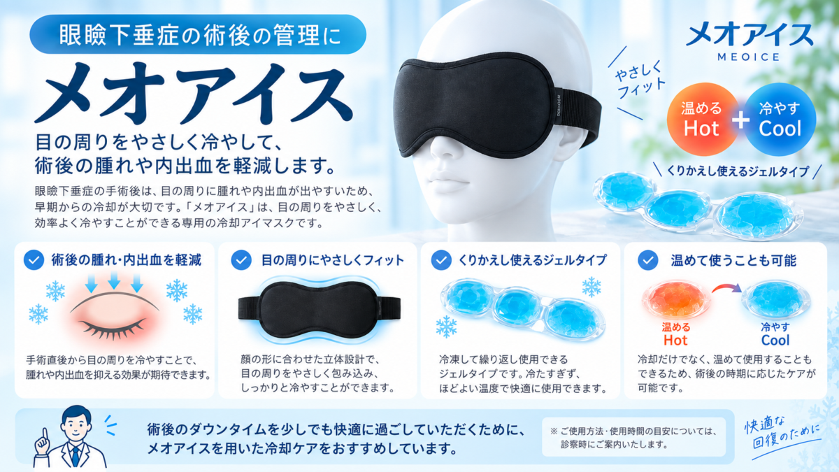 眼瞼下垂症手術後の腫れや内出血を軽減するための冷却ケアに使用するメオアイスの説明画像